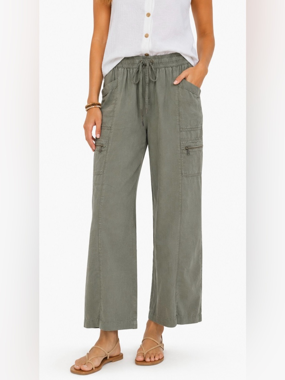 DKNY Olive Wide Leg Linen Cotton blend Pants szM